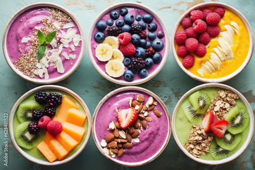 Homemade smoothie bowls with colorful toppings. 