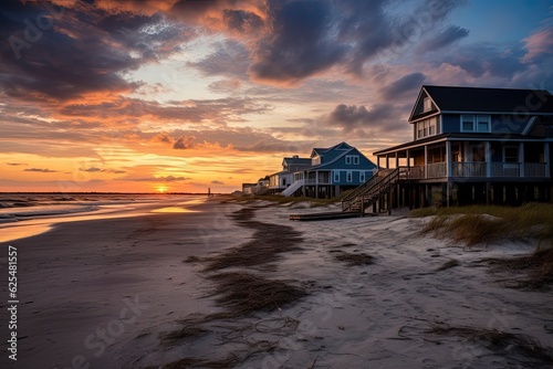 The sun is setting over the houses located along the beach in Edisto Beach, South Carolina.