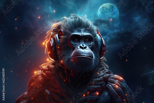 Sci-fi monkey wild animal, fantasy creature with colorful sky dark background. Generative Ai.