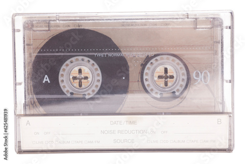 Close up of retro audio cassette tape,side A, isolated on white background, vintage 80's music concept.