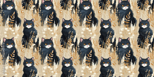 Seamless pattern with painted black cats, cat wallpaper on beige background. Design for clothes, bed clothes, linen, pijamas, banner, textile, poster, card, invitation and scrapbook. Generative AI