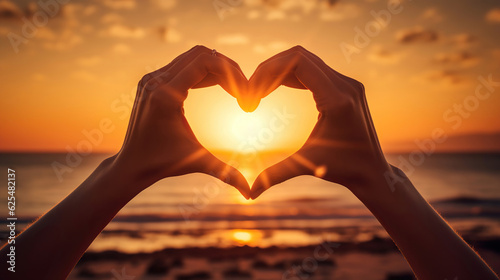 A person makes a heart-shaped gesture, while the sun shines brilliantly, perfectly positioned in the middle