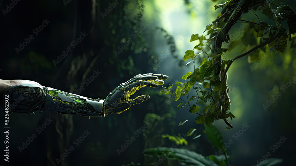 Naklejka premium The green robot's hand reaches out to save the green leaves The unity of technology and nature, Generative AI