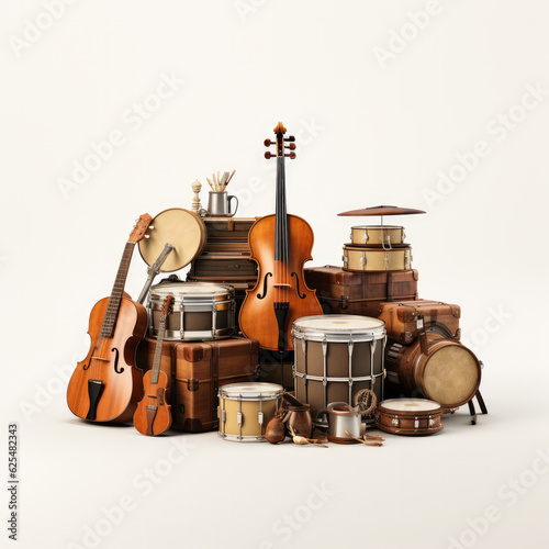 Musical instruments on a white background, creating a small orchestra.
