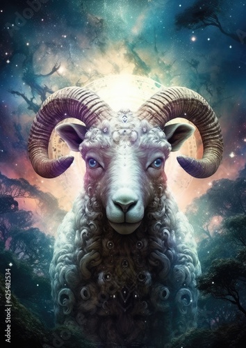 Sci-fi sheep, capricorn animal, fantasy creature with colorful sky dark background. Generative Ai. © annamaria