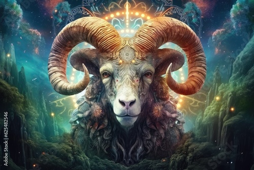 Sci-fi sheep, capricorn animal, fantasy creature with colorful sky dark background. Generative Ai. © annamaria