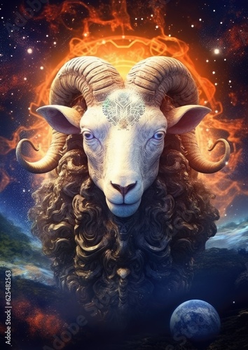Sci-fi sheep, capricorn animal, fantasy creature with colorful sky dark background. Generative Ai.