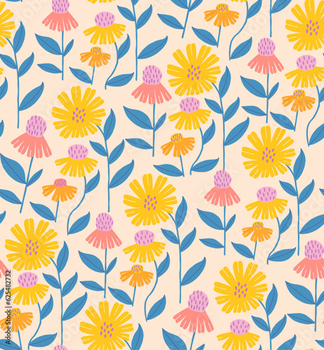 Floral seamless pattern with yellow daisies. Botanical bright wallpaper with flowers. Repeating vector pattern for wrapping paper.
