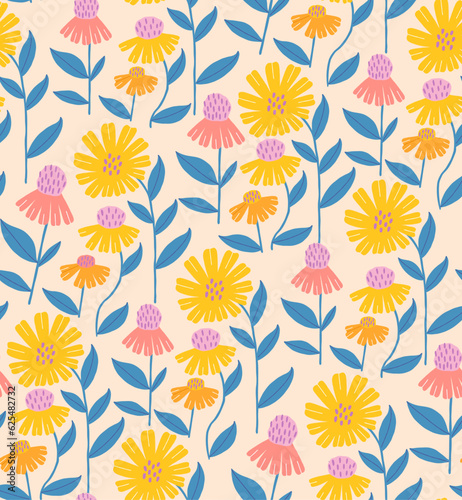 Floral seamless pattern with yellow daisies. Botanical bright wallpaper with ...