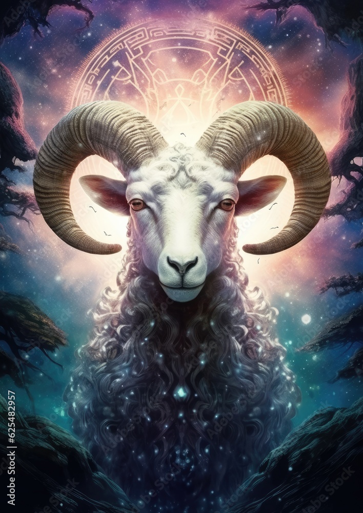 Sci-fi sheep, capricorn animal, fantasy creature with colorful sky dark background. Generative Ai. Sci-fi sheep, capricorn animal, fantasy creature with colorful sky dark background. Generative Ai.