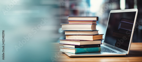 Stack of books with laptop on wooden table, copy space