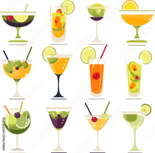 Set of summer cocktails cartoon vector illustration isolated on white background. Vector set icon fresh drink.