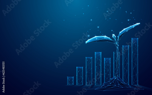 Digital graph chart and growing plant on technology blue background. Business and Investment concept. Stock market and business success. Low poly wireframe vector illustration with 3D effect.
