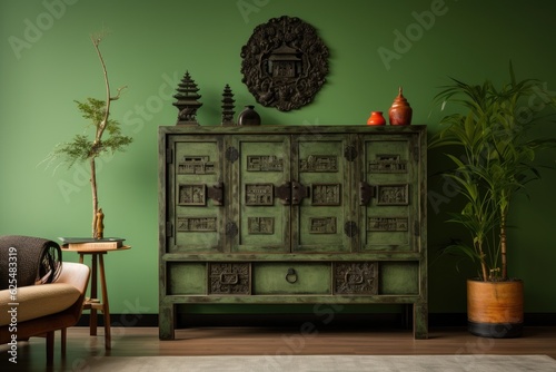 reimagined green walled Asian living room interior cabinet