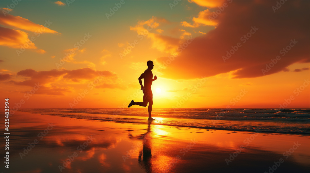 a runner sprinting on a beach at sunset: The dynamic silhouette of a runner against the glowing horizon, capturing the energy and determination of an evening workout by the sea
