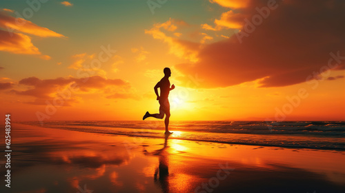 a runner sprinting on a beach at sunset: The dynamic silhouette of a runner against the glowing horizon, capturing the energy and determination of an evening workout by the sea © siripimon2525