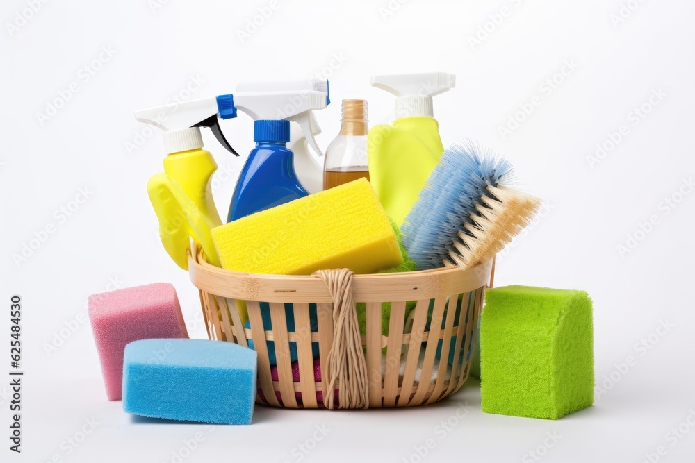 A collection of environmentally friendly brushes, sponges, and rags can be found in a cleaning basket. The concept of cleaning supplies is portrayed against a plain white background. A collection of environmentally friendly brushes, sponges, and rags can be found in a cleaning basket. The concept of cleaning supplies is portrayed against a plain white background.