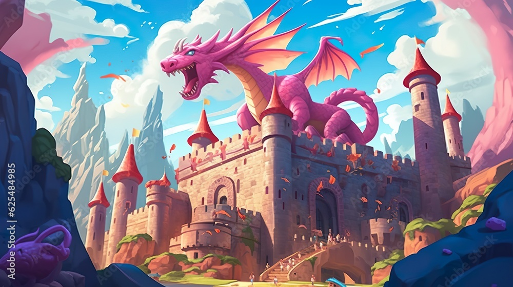 Abstract background dragon. Stunning banner design featuring a breathtaking illustration of a dragon soaring above an enchanting castle. Generative AI.