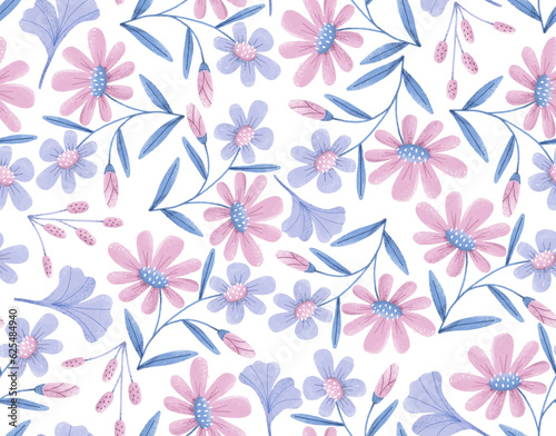 Floral delicate pattern with daisies. Funny pattern in the style of painting.