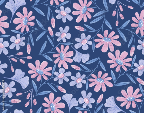 Delicate floral pattern with daisies on a blue background. Funny pattern in t...