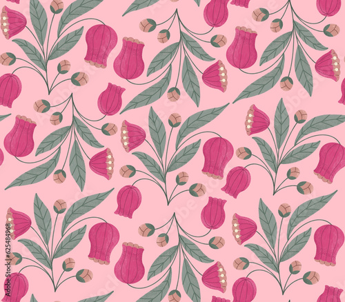 Floral pattern with pink bells. Funny pattern in the style of painting.