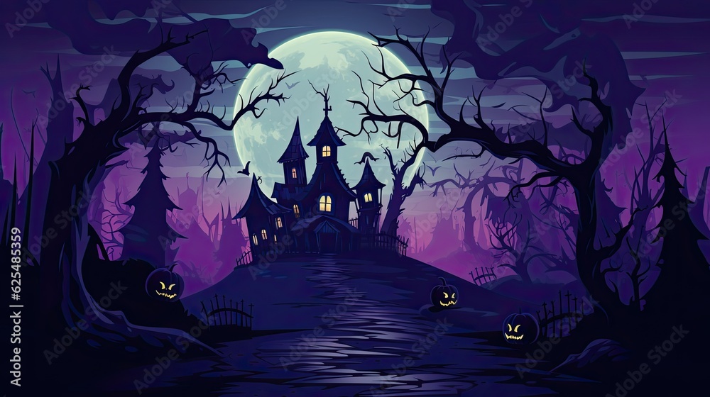 Dark Spooky Halloween background with haunted house, full moon, pumpkins and trees. AI illustration..