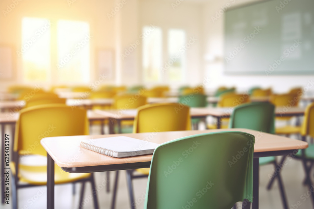 Empty classroom with notebook on the table. Back to school concept Empty classroom with notebook on the table. Back to school concept