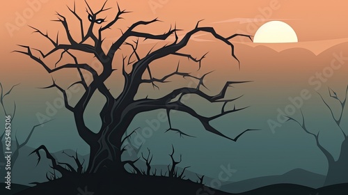 Halloween Background concept. Spooky scary tree silhouette and full moon. AI illustration..