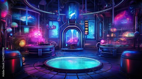 Witch or wizard alchemical laboratory with magic books and potions with mystic glow at night. Futuristic alchemy lab room interior. Halloween concept. AI illustration..