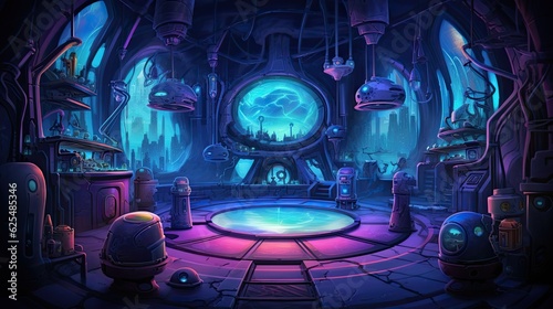 Witch or wizard alchemical laboratory with magic books and potions with mystic glow at night. Futuristic alchemy lab room interior. Halloween concept. AI illustration..