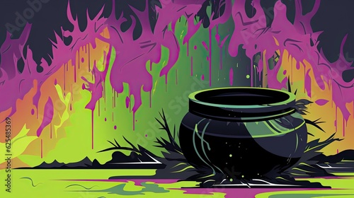 Abstract modern witch cauldron in bright neon colors. Wizard pot with magic potion boiling. Halloween spooky scene. AI illustration.. photo