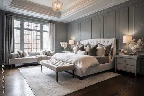 Gorgeous custom master bedroom featuring a stunning gray color scheme. The room is complete with a full wall of wainscoting, newly painted walls, elegant crown and base molding, beautiful hardwood