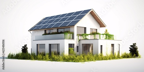 3d model, layout of an eco-friendly, energy-efficient house. Energy Efficient House. Renewable energy concept. Selective focus. Generative AI technology. © vachom