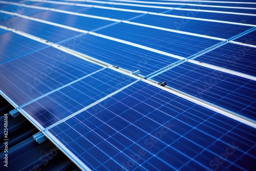 An overhead perspective of a roof covered in blue solar panels used to generate clean and sustainable power. Illustrating the idea of producing renewable energy.