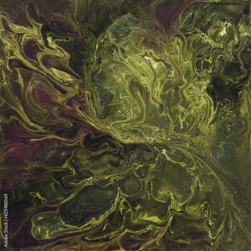 Chaotic fluorescent green waves. Abstract hand painted acrylic texture. Fluid art.