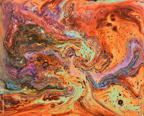 Colorful orange and violet wavy texture. Abstract acrylic painting. Fluid art.