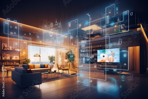Residential indoor spaces and data network in a smart home setting are depicted in a visually appealing wide image suitable for use in banners and advertisements.