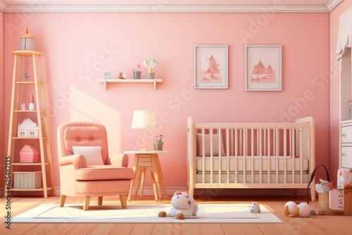 Modern pink room for newborn baby bedroom interior with shelf chair dressing table crib vector illustration