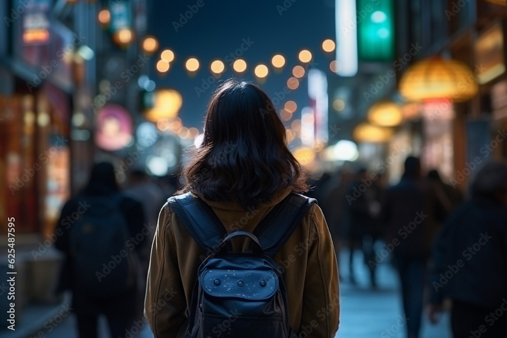 back view of female tourist with backpack looking forward at night street light in big city. Rainy day. Lost traveller. Travelling and urban lifestyle concept image.