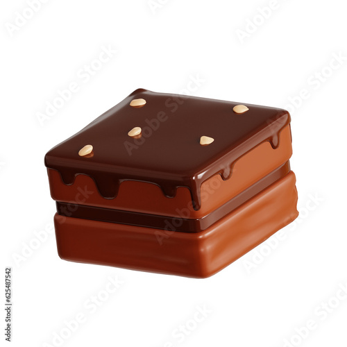 3d rendering chocolate brownies with nuts and chocolate cream