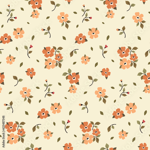 Seamless floral pattern, pretty liberty ditsy print with small flowers, leaves. Cute botanical design with vintage rustic motif: tiny hand drawn plants on a light background. Vector illustration.