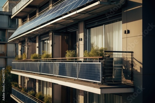 Billede på lærred Solar panels installed on the balconies of an apartment building