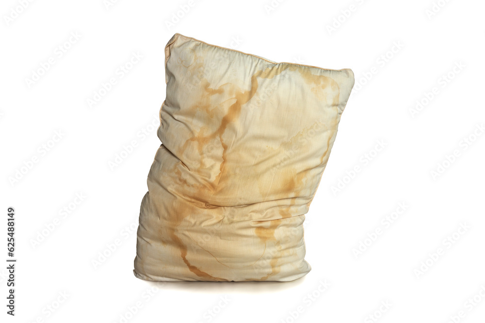 Dirty pillow isolated on white background, are a source of germs and dust mites and mattresses Dirty pillow isolated on white background, are a source of germs and dust mites and mattresses
