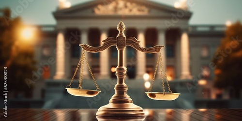 Fairness scales of justice against court house building background banner, concept of business financial protection by law. Sublime Generative AI image.