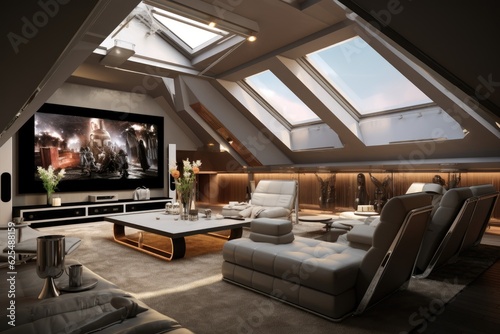 The interior of a contemporary home theater room is showcased in an angled perspective view. It features a flat screen TV as the main focal point. © 2rogan