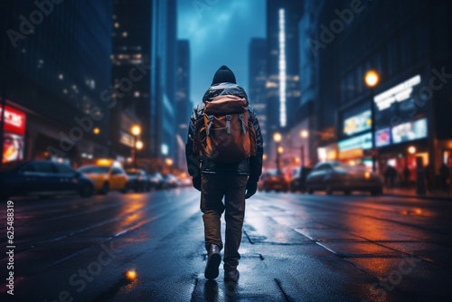 back view of male tourist with backpack looking forward at night street light in big city. Rainy day. Lost traveller. Travelling and urban lifestyle concept image. © thebaikers