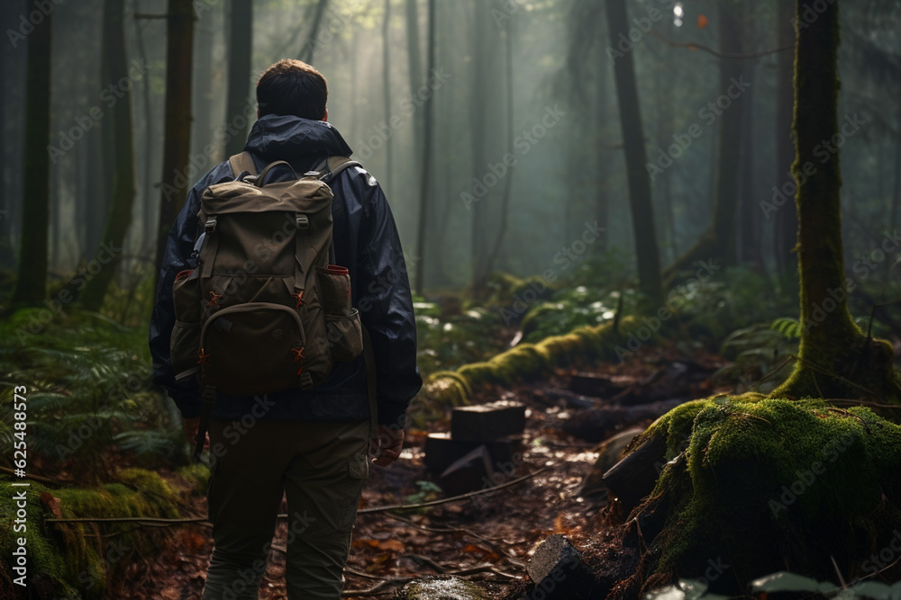 Rear view of a person with a backpack walking through a forest. adventure and hiking image.