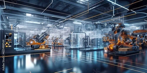 Industry 4.0 smart factory interior showcases advanced automation, machinery, and robotics in a futuristic industrial setting. Innovation, engineering, and interconnected systems. ai generated.