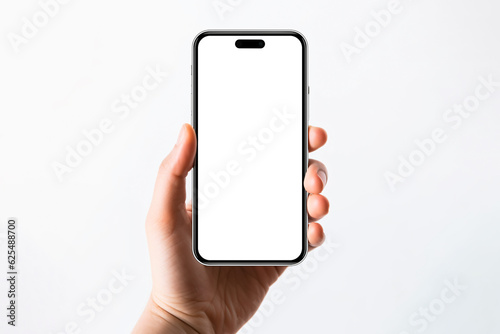 High quality device mockup front view. Woman and man hand holding the black smartphone with blank screen and modern frameless design on white background isolated.