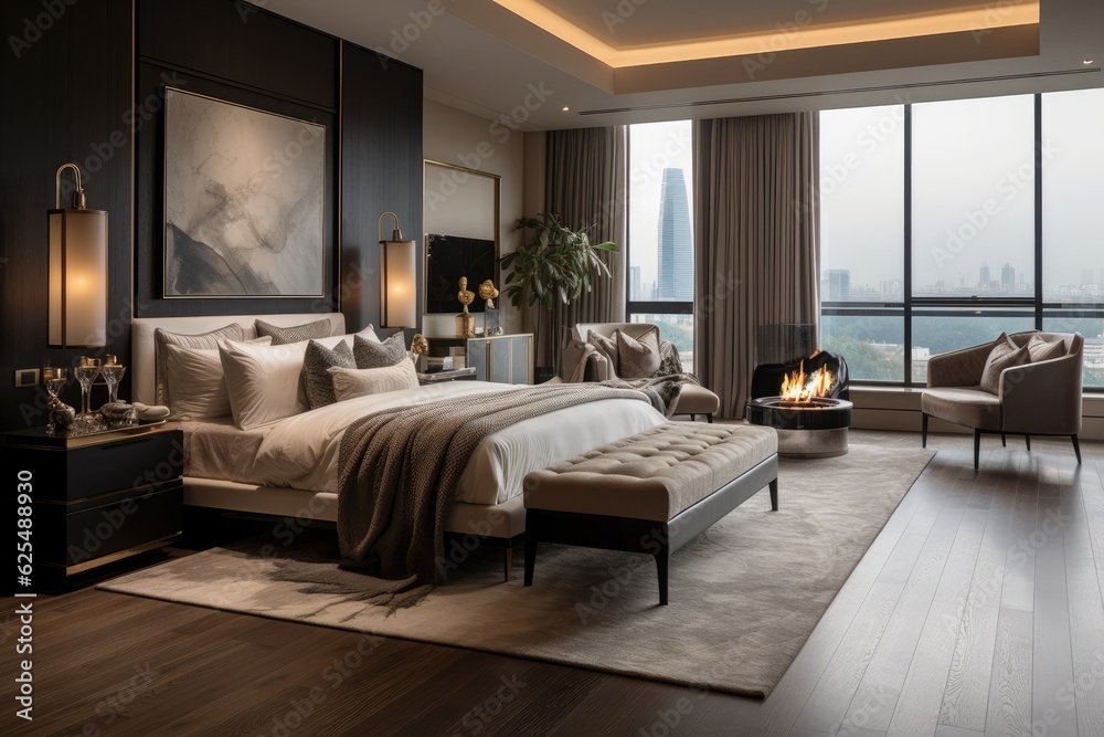 The master bedroom design features luxurious furniture, including elegant wooden floors and a contemporary carpet, creating a sophisticated and high end ambiance.